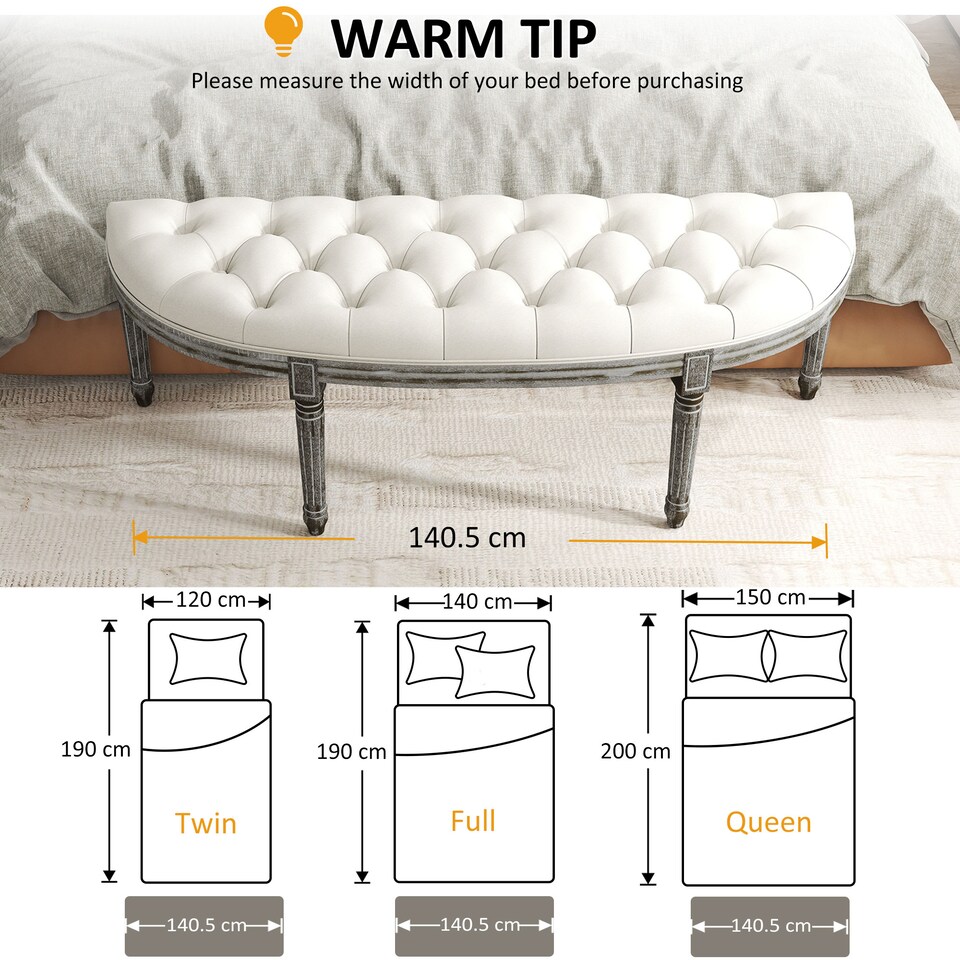 image 1 of HOMCOM Half-Circle End Bench Ottoman Footstool Tufting Padded Seat Brushed Wood Base Antique Accents Home Seat Furniture Cream White and Light Wood Grain Leg