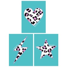 Set of 3 Purple Leopard Pattern Heart Lightning Star Turquoise Wall Art Print A4