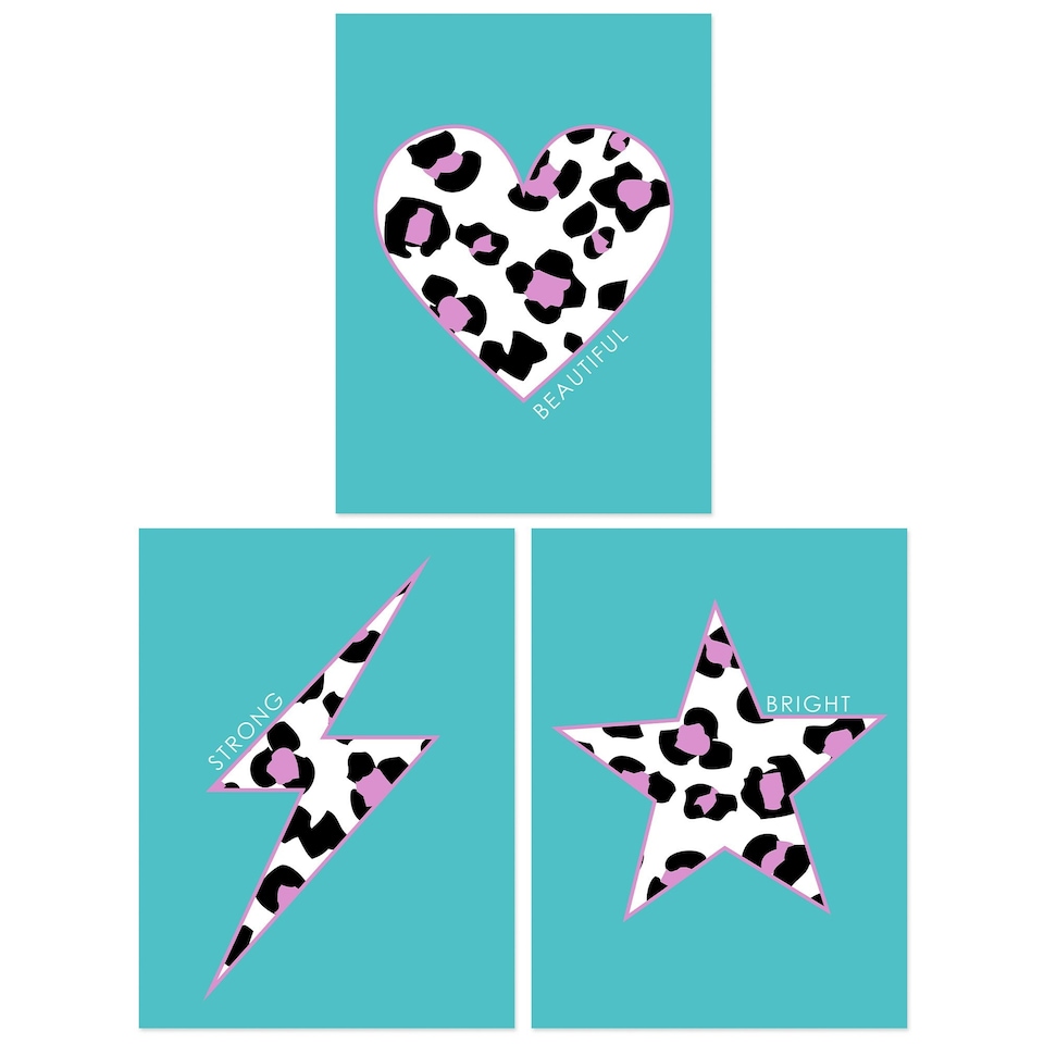 image 1 of Set of 3 Purple Leopard Pattern Heart Lightning Star Turquoise Wall Art Print A4