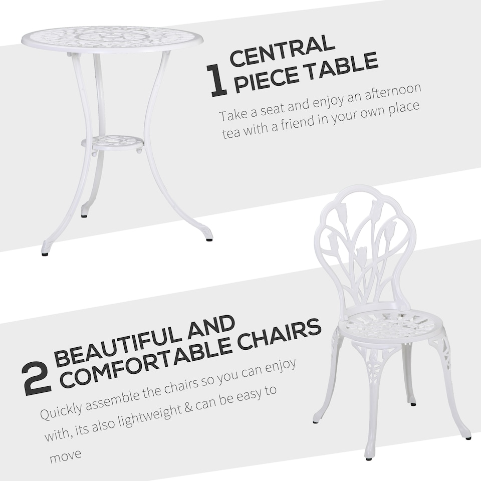 image 1 of Outsunny 3 Piece Patio Bistro Set for 2, Outdoor Aluminium Garden Table and Chairs with Umbrella Hole for Balcony, White