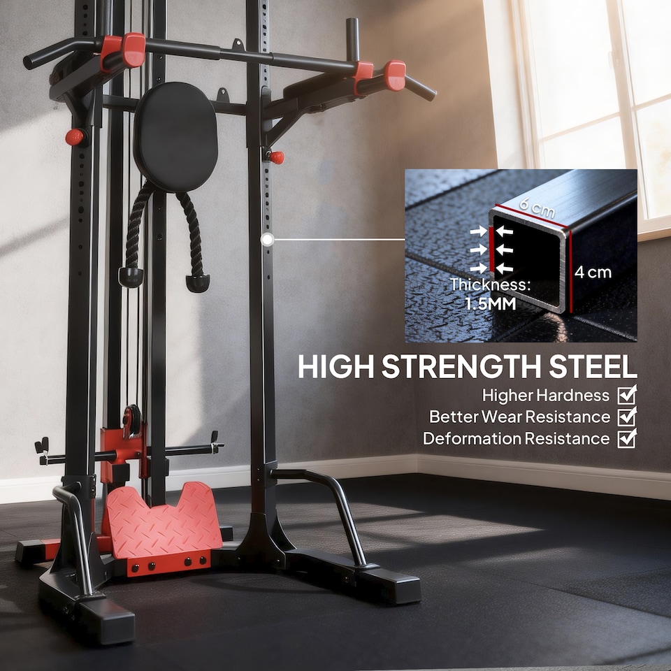 image 1 of SPORTNOW Power Tower with Lat Pull Down Machine, Pull Up Bar, Dip Station | Black | Black and Red | 100W x 110D x 225H cm