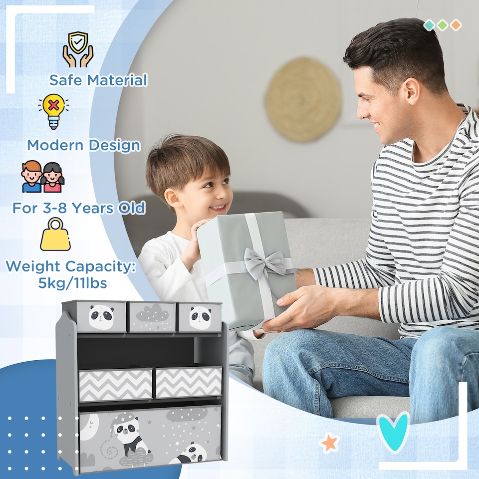 image 1 of ZONEKIZ Kids Storage Unit with 6 Boxes, Toy Storage Organiser, Grey