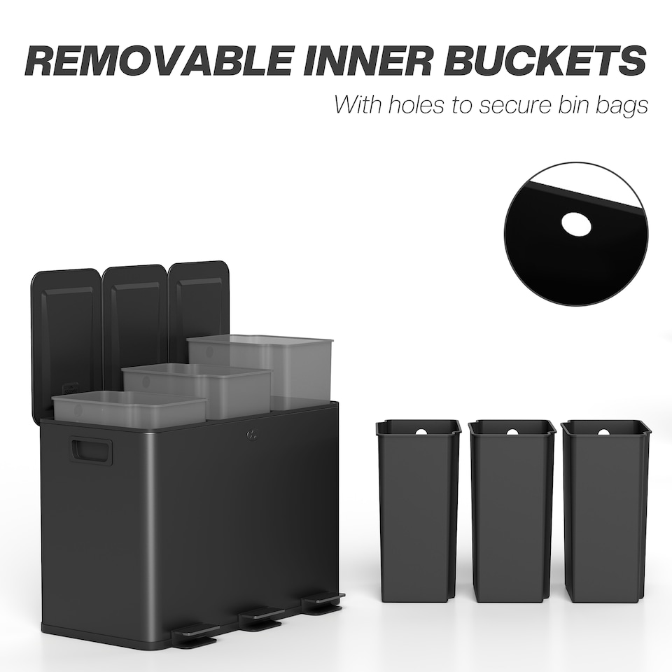 image 1 of HOMCOM Triple Kitchen Bin, 3 x 15L Pedal Bin, Stainless Steel Three Rubbish Bin with Removable Inner Buckets, Soft Close Lid, Fingerprint-Proof for Recycling and Waste, Black | Black | 1