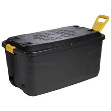 2 x 145L XL Indoor Outdoor Black Plastic Storage Trunk Heavy Duty Complete With Wheels & Handles Black