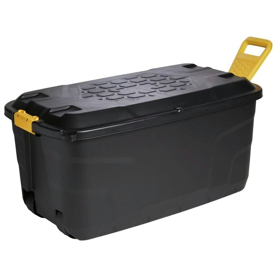 image 1 of 2 x 145L XL Indoor Outdoor Black Plastic Storage Trunk Heavy Duty Complete With Wheels & Handles Black
