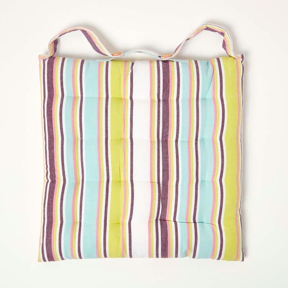 image 1 of Homescapes Seat Pad Luxury 100% Cotton Stripe Indoor Outdoor Garden Dining Cushion Green | 40 x 40 cm