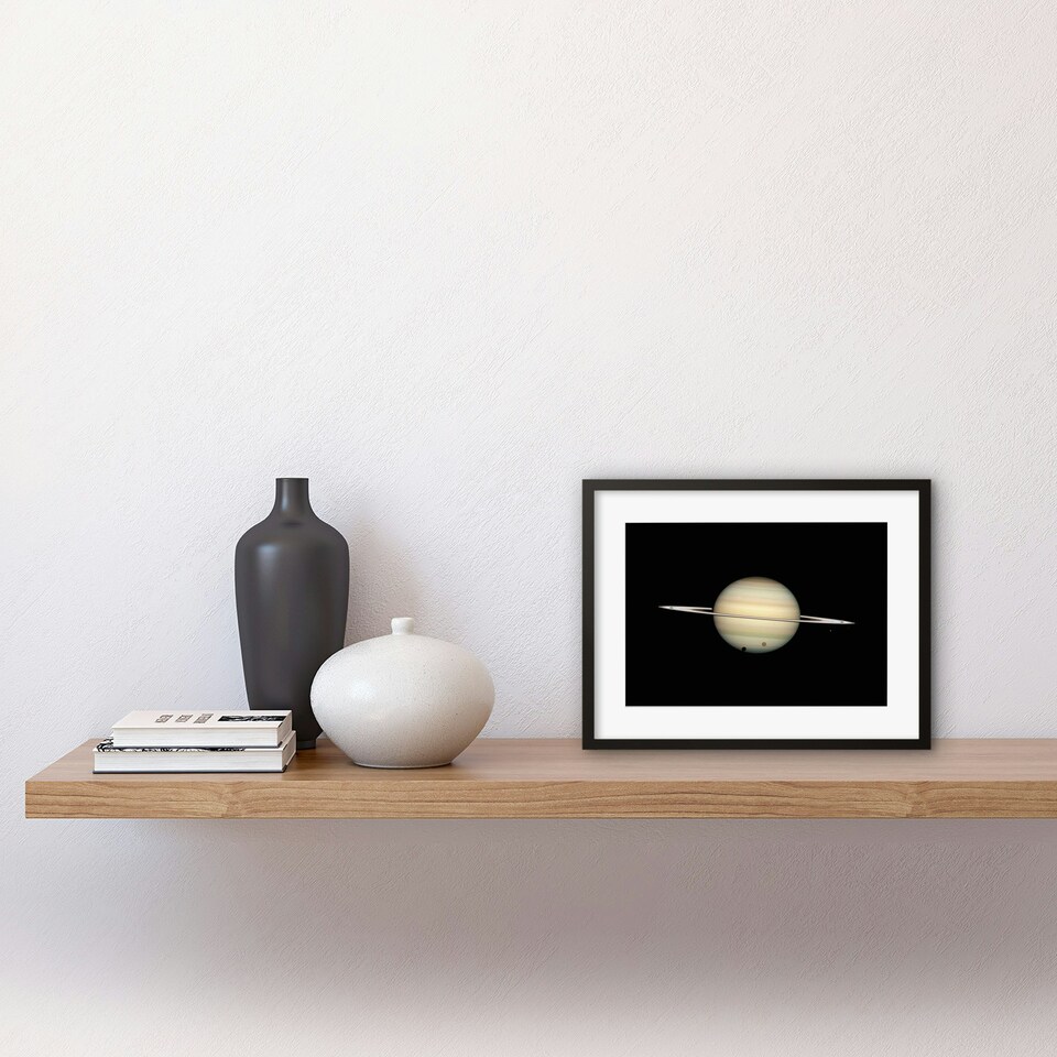 image 1 of NASA Hubble 4 Moon Transit Parent Planet Saturn Titan 9x7" Black Framed Wall Art Print