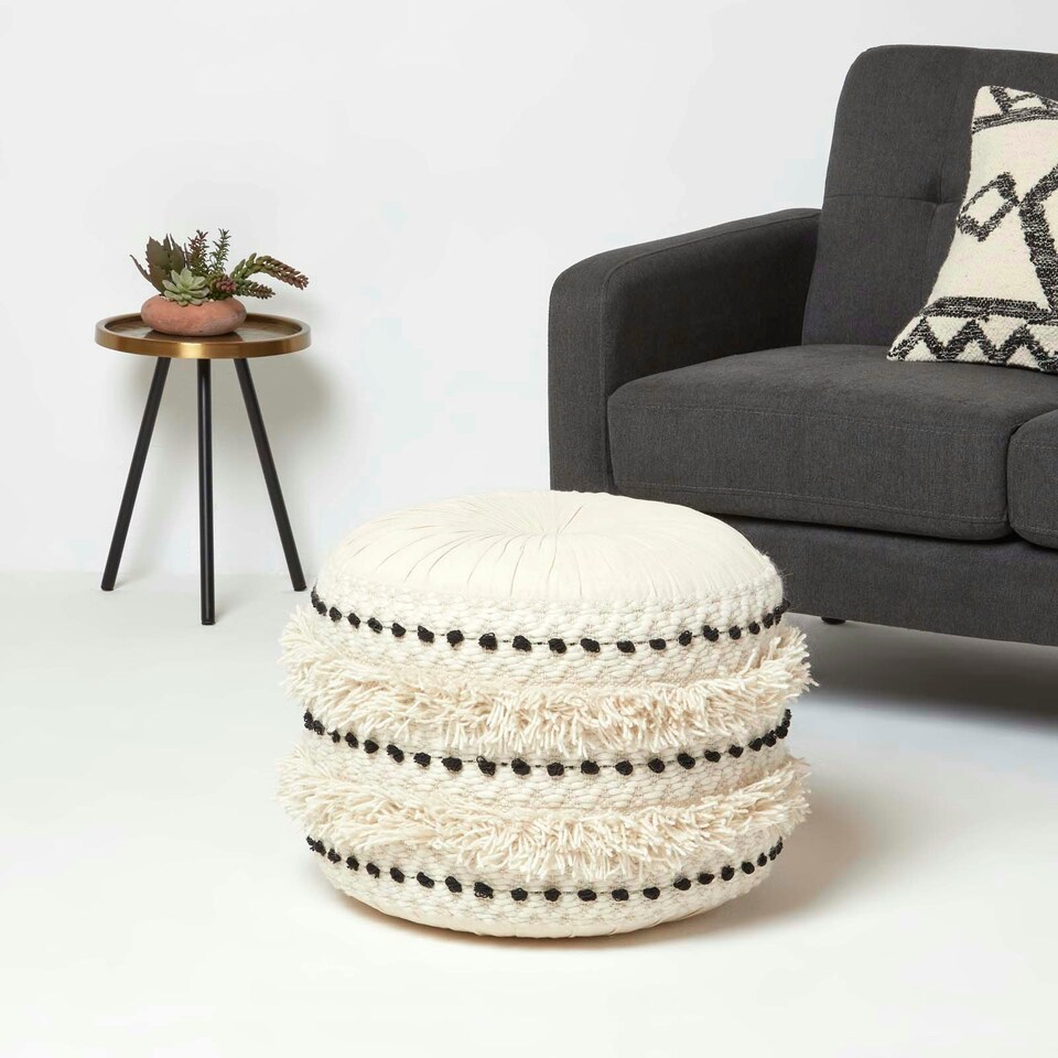 image 1 of Homescapes Sahara Cream & Black Macrame Tufted Boho Pouffe