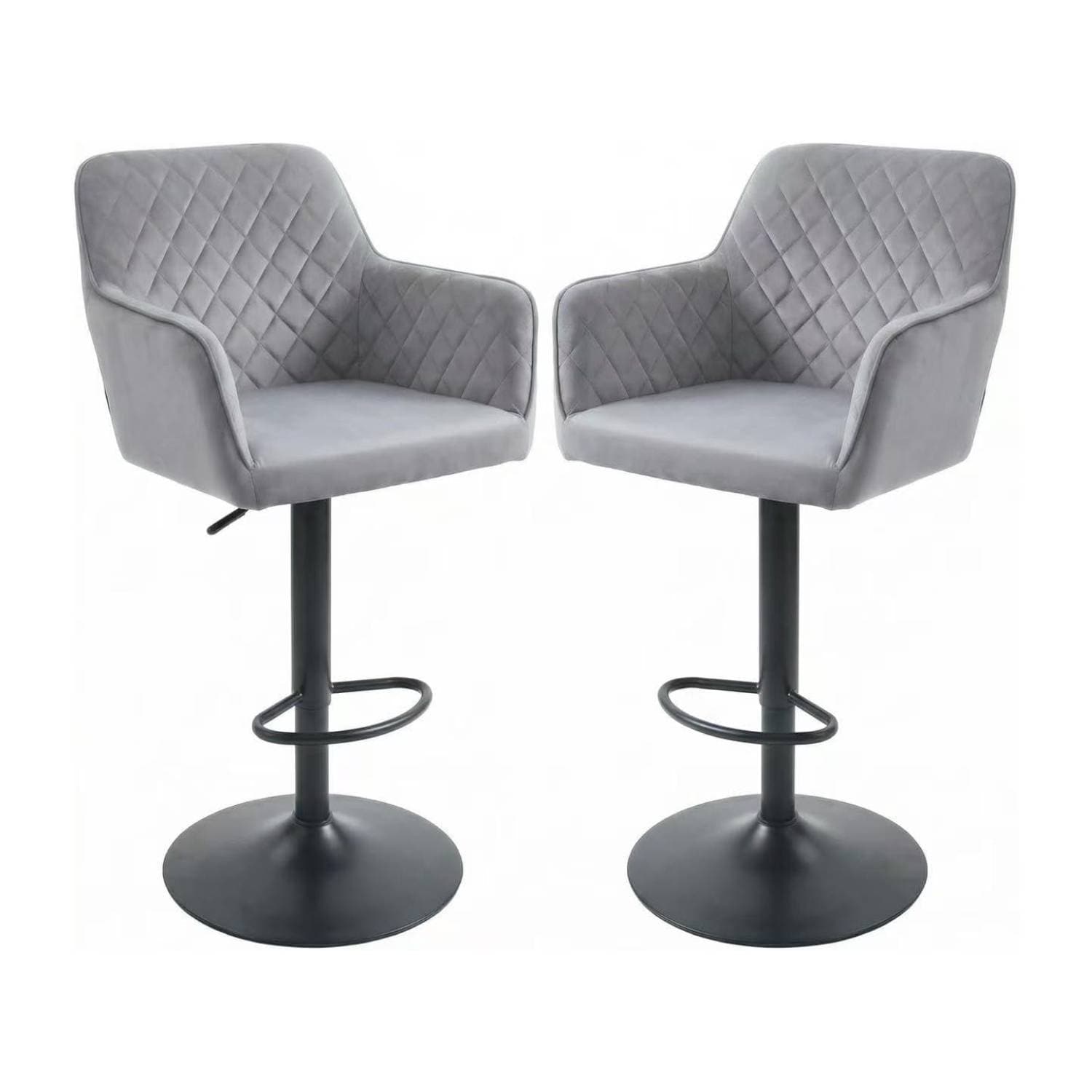 Alivio Set of 2 Velvet Bar Stools with Adjustable Height, Swivel Seat, Quilted Back, Armrests & Footrest (Grey)
