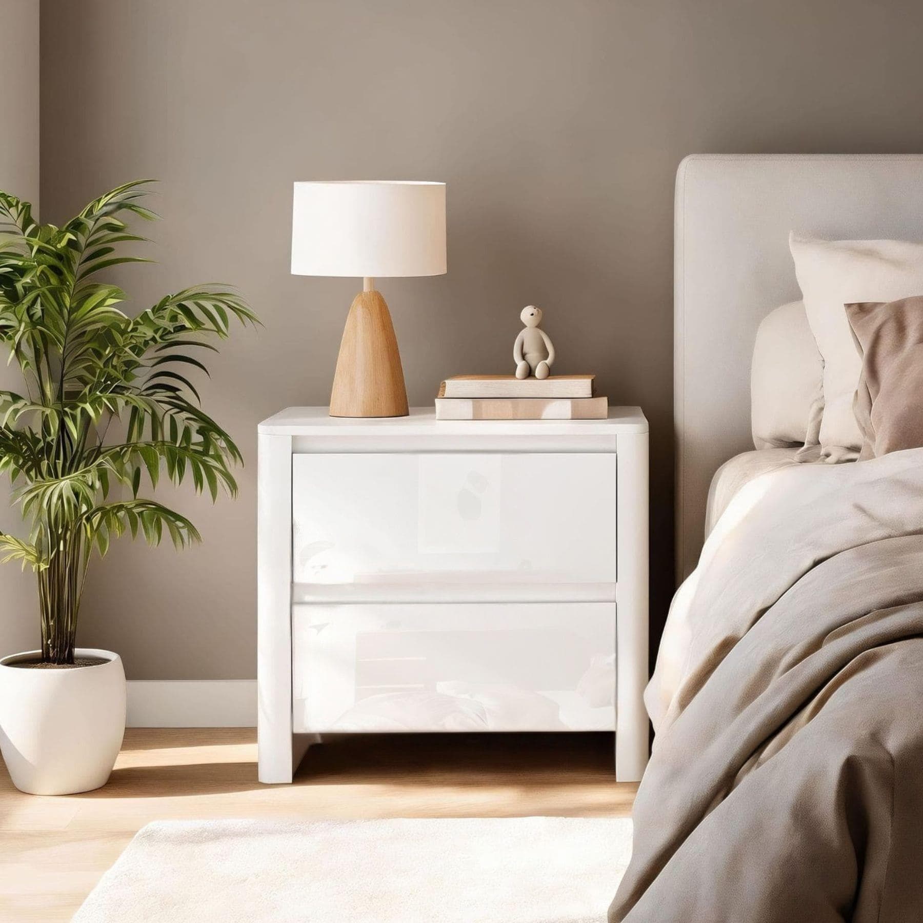 Ardenza White High Gloss 2 Drawer Bedside Cabinet Bedroom Storage Unit