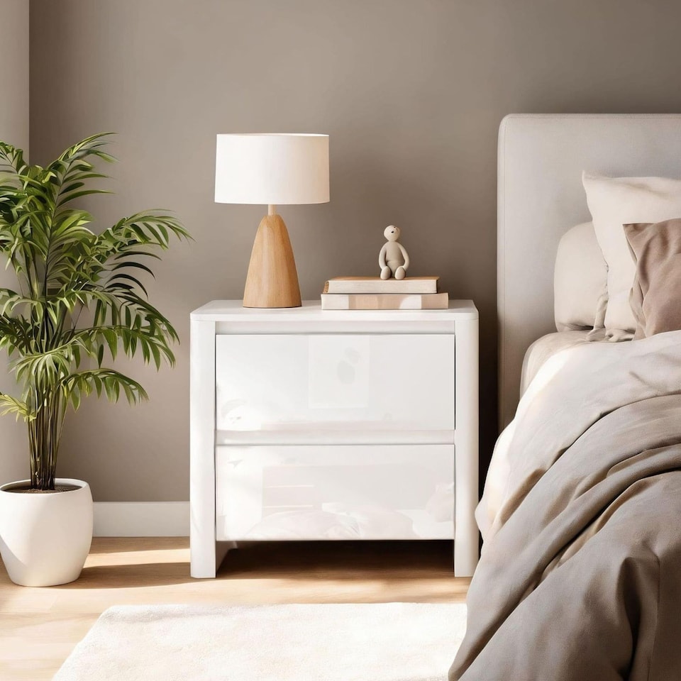 image 1 of Ardenza White High Gloss 2 Drawer Bedside Cabinet Bedroom Storage Unit