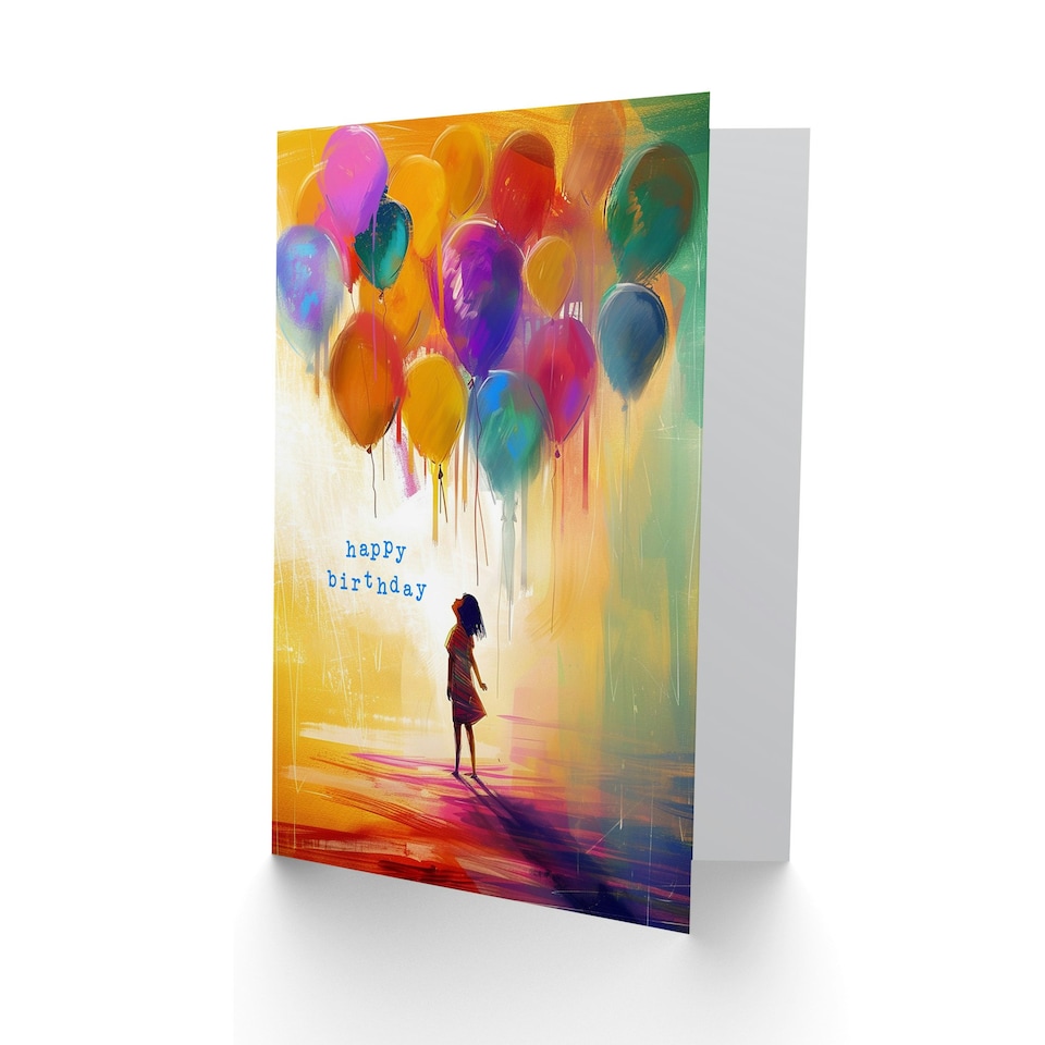 image 1 of Little Girl Large Colourful Balloons Kids Child Kids Birthday Card