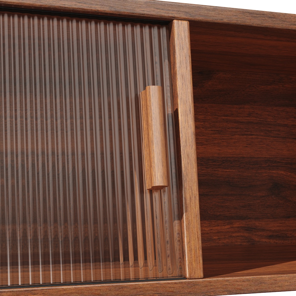 image 1 of VILUXE Tall Kitchen Storage Cabinet with Rattan-Effect Drawers and Glass Sliding Doors, 140 cm, Walnut