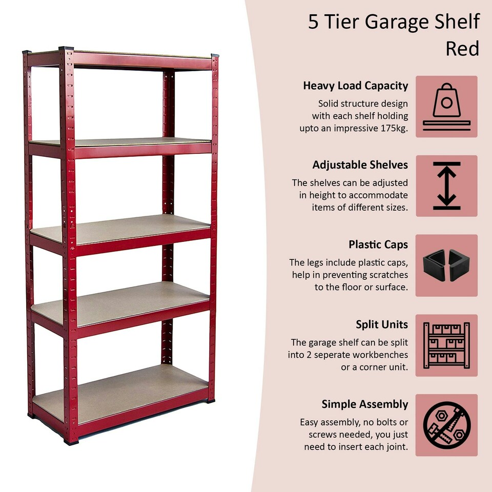 image 1 of Home Vida 5 Tier Garage Shelf Heavy Duty Boltless Shelving Storage Unit, Large, Red