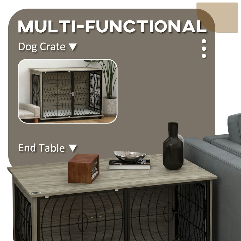 image 1 of PawHut Dog Crate Furniture End Table w/ Cushion for Large Dogs