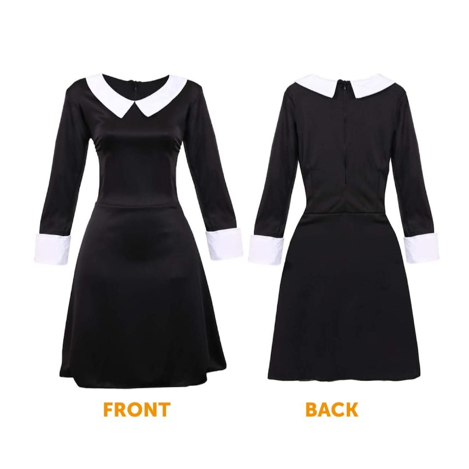 image 1 of Witch Costume - 3 Pcs - Collared Dress, Broom & Cat Toy | Black | S