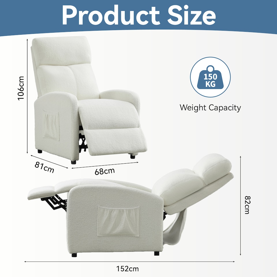 image 1 of MCC Direct Push Back Chair Teddy Fur Fabric Reclining Pushback Armchair Sofa