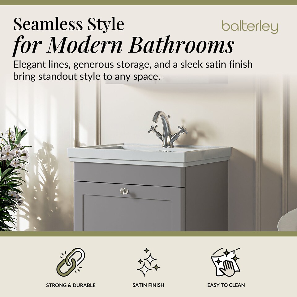 image 1 of Balterley Classic Traditional Bathroom Wall Hung 1-Drawer Vanity Unit & Fireclay Basin | Grey | Satin Grey