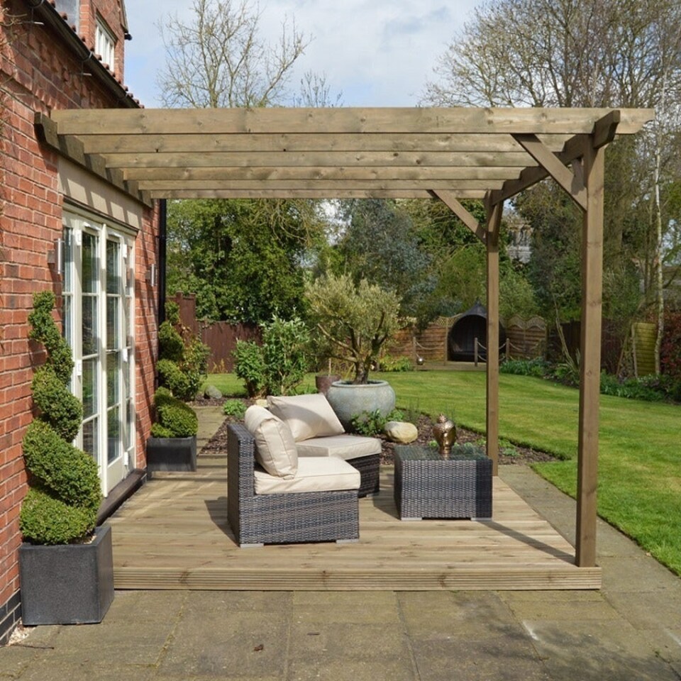 image 1 of Wall Mounted Pergola and Decking Kit - L360 x W360 x H270  cm - Rustic Brown