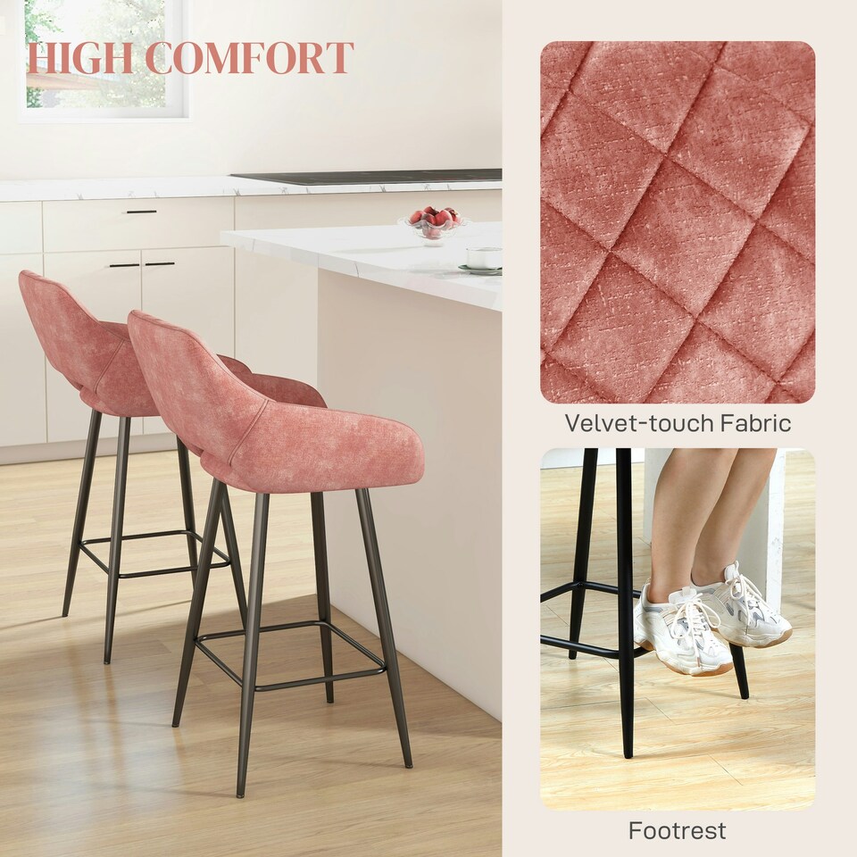 image 1 of HOMCOM Bar Stools Set of 2, Velvet-Touch Fabric Counter Height Bar Chairs Pink