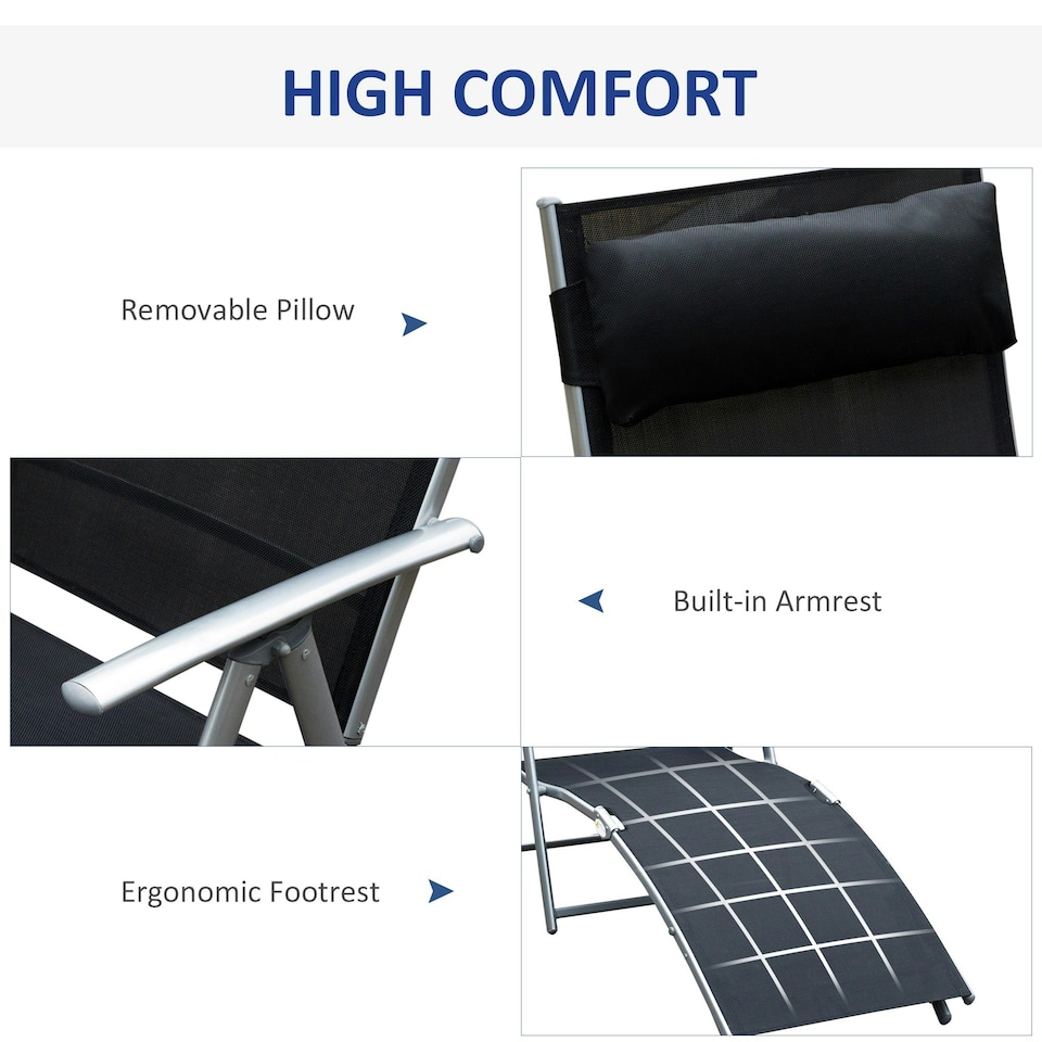 image 1 of Outsunny Sun Lounger Recliner w/ Pillow Foldable 7 Levels Textilene Black