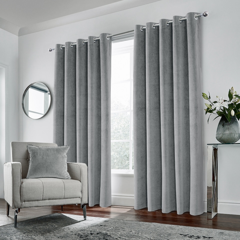image 1 of Luxury Enhanced Living Grey Velvet, Supersoft, Blackout, Thermal Pair of Curtains with Eyelet Top - 46 x 54 inch (117x137cm)