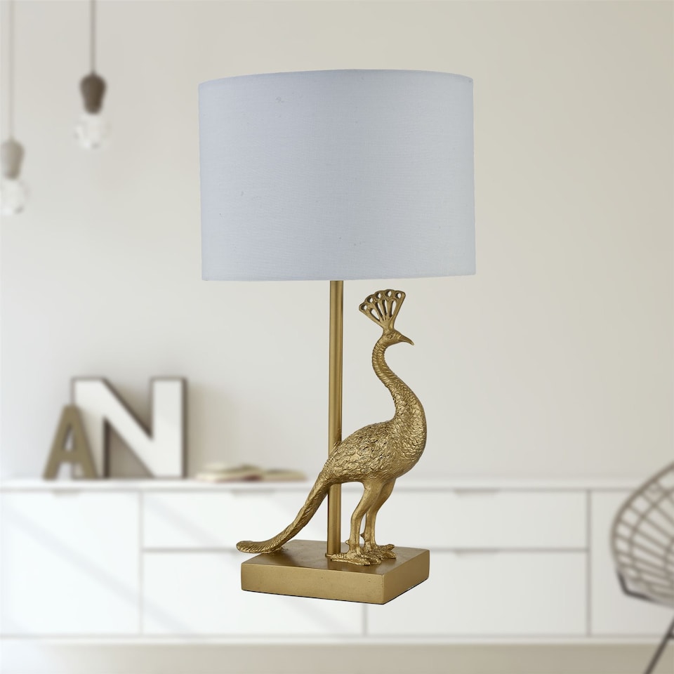 image 1 of Set of 2 Majestic - Gold Peacock Table Lamps with White Shades