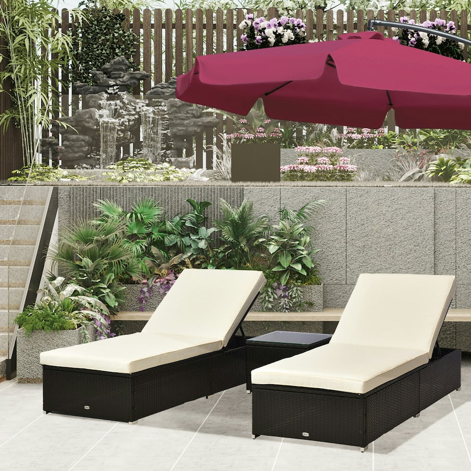 image 1 of Outsunny 3 Pieces Sun Lounger Rattan Furniture Recliner Wicker Brown Garden