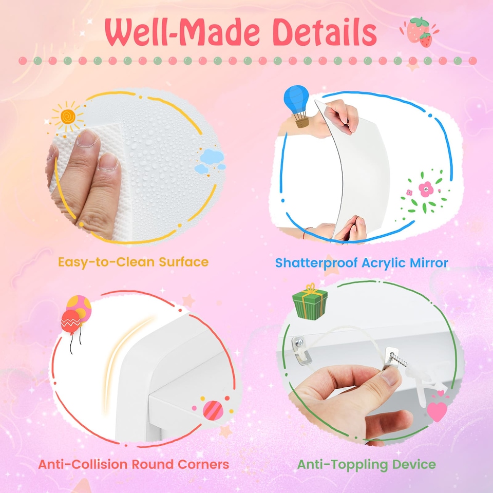 image 1 of COSTWAY Kids Vanity Set Princess Makeup Desk and Chair White