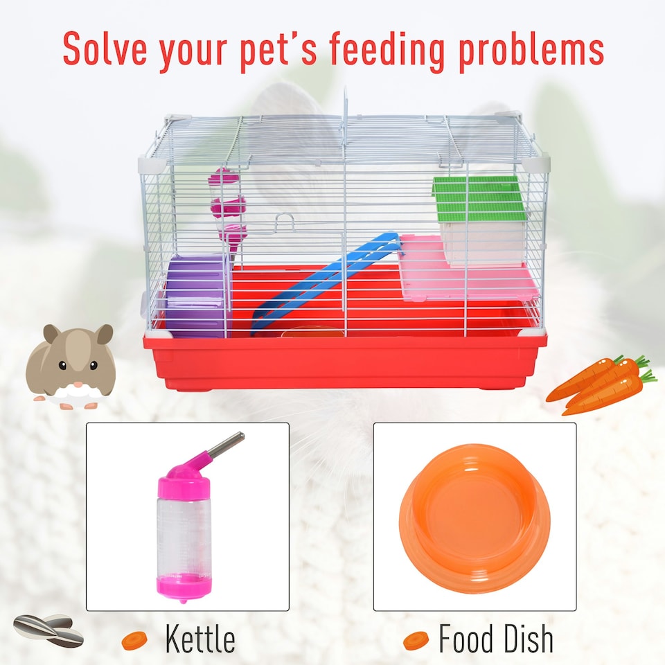 image 1 of PawHut Hamster Cage Pet Animal Travel Cage Box Double Layers w/ Accessories