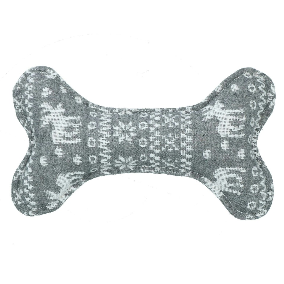 image 1 of Dog Christmas Gift Plush Play Squeaky Grey Patterned Bone Toy 14x23cm