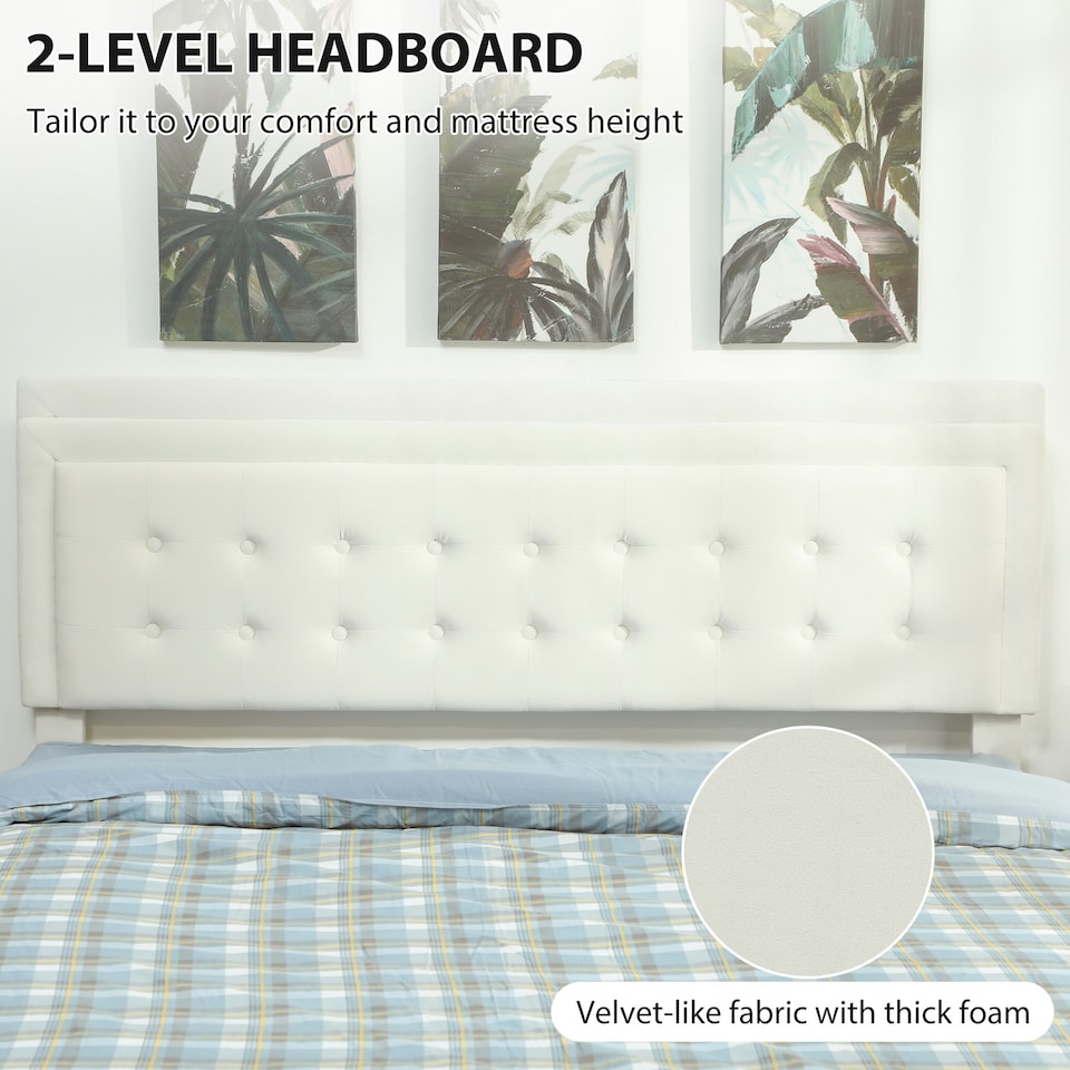 image 1 of HOMCOM King Size Bed Frame with Storage and Adjustable Headboard, Cream