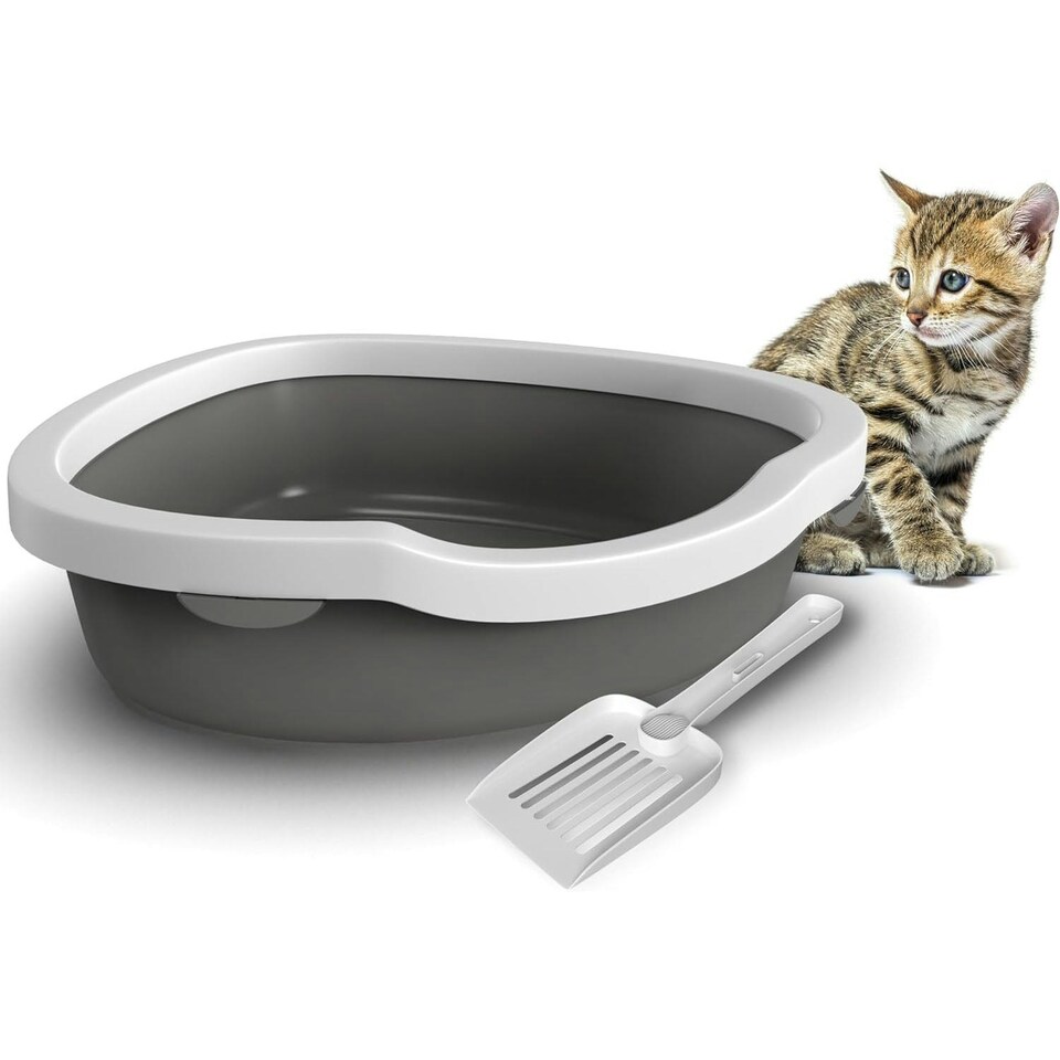 image 1 of Corner Cat Litter Tray with Cleaning Scoop High Sided Rounded Corners Anti-Spill Grey
