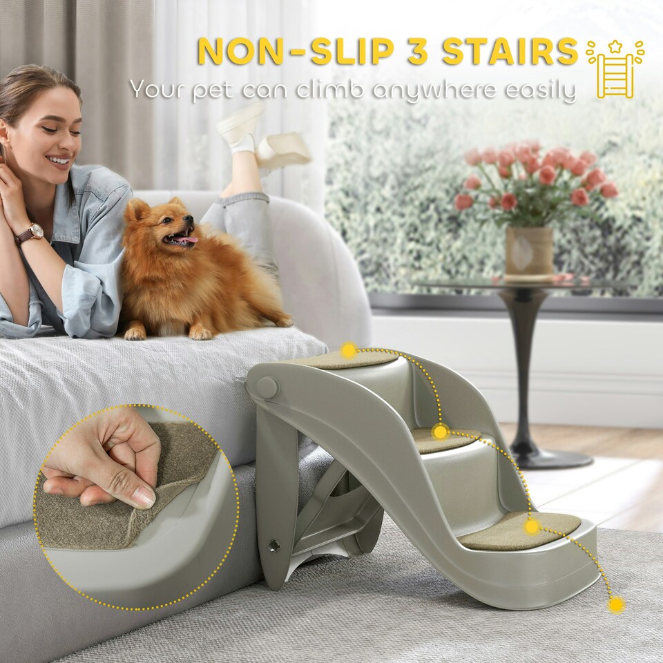 image 1 of PawHut Foldable Pet Stairs 3 Steps with Non-slip Mats for Small Dogs, Grey