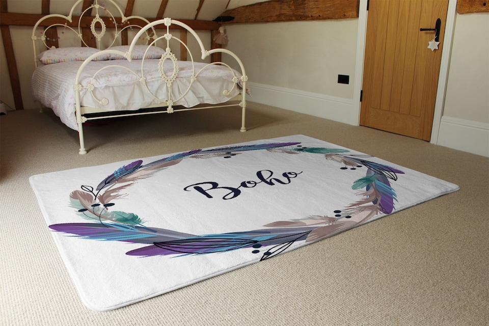image 1 of Boho Style Wreath Feathers Rug | Multi