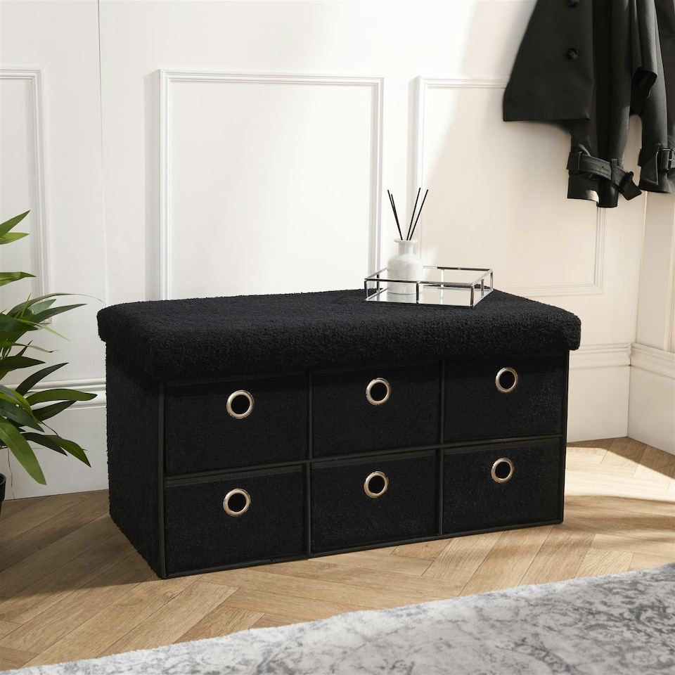 image 1 of OHS 6 Drawer Soft Boucle Home Hallway Bedroom Shoe Storage Cube Organiser Ottoman Chest Unit | Black