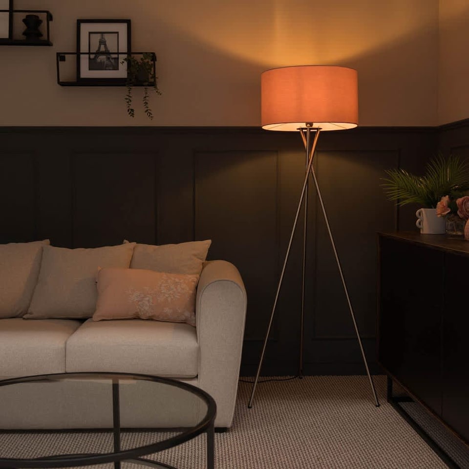 image 1 of ValueLights Camden Brushed Chrome Tripod Floor Lamp Pink Shade and Bulb