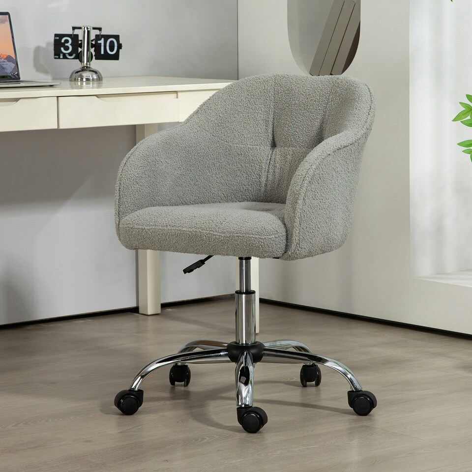 image 1 of HOMCOM Fluffy Vanity Chair for Desk, with Height Adjustable, Wheels, Grey