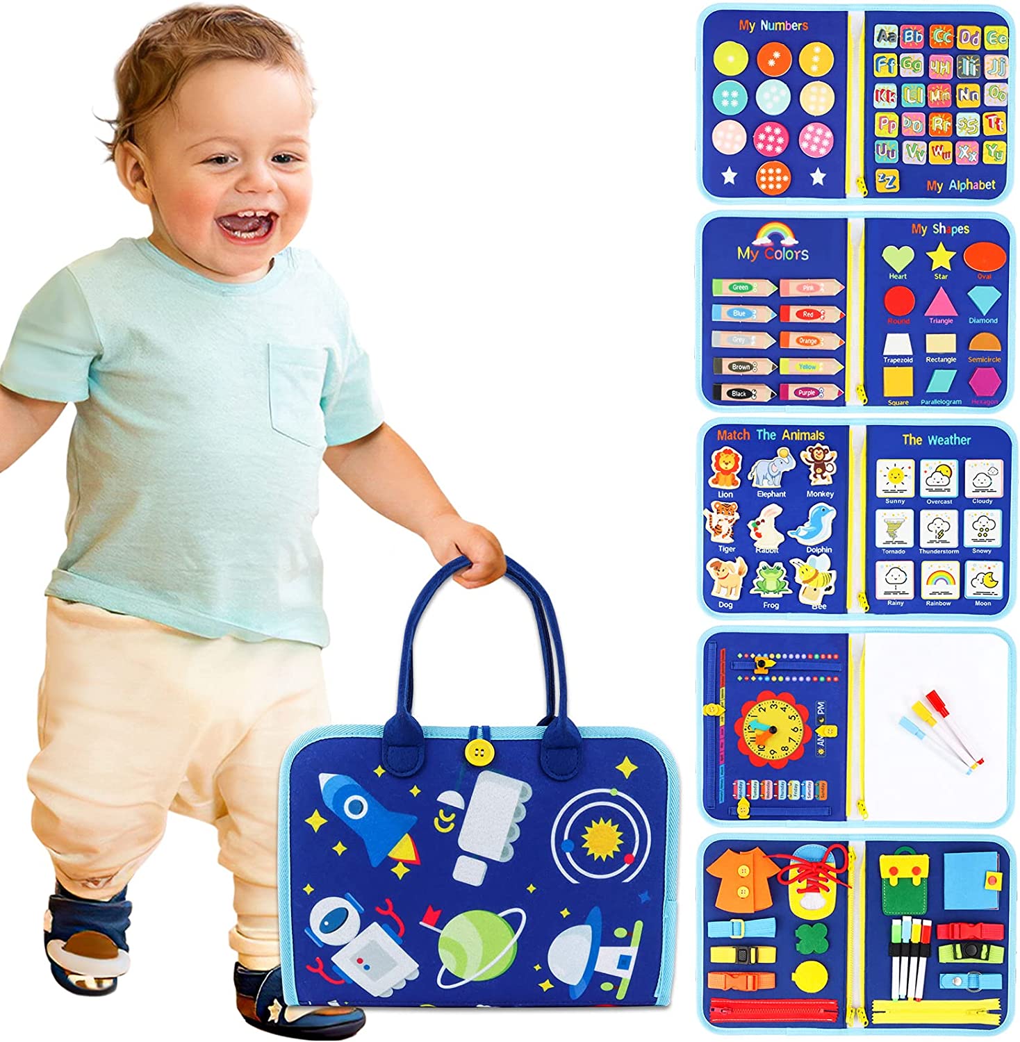 Busy Board - 10 Page Montessori Quiet Book for Toddlers with Alphabet, Numbers, Sensory Activities & Life Skills Learning - Travel Friendly Educational Toy for Girls Ages 3+(Blue)