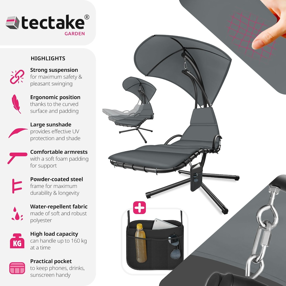 image 1 of Hanging Chair Elaria - large sun canopy with UV-protection, sturdy Grey