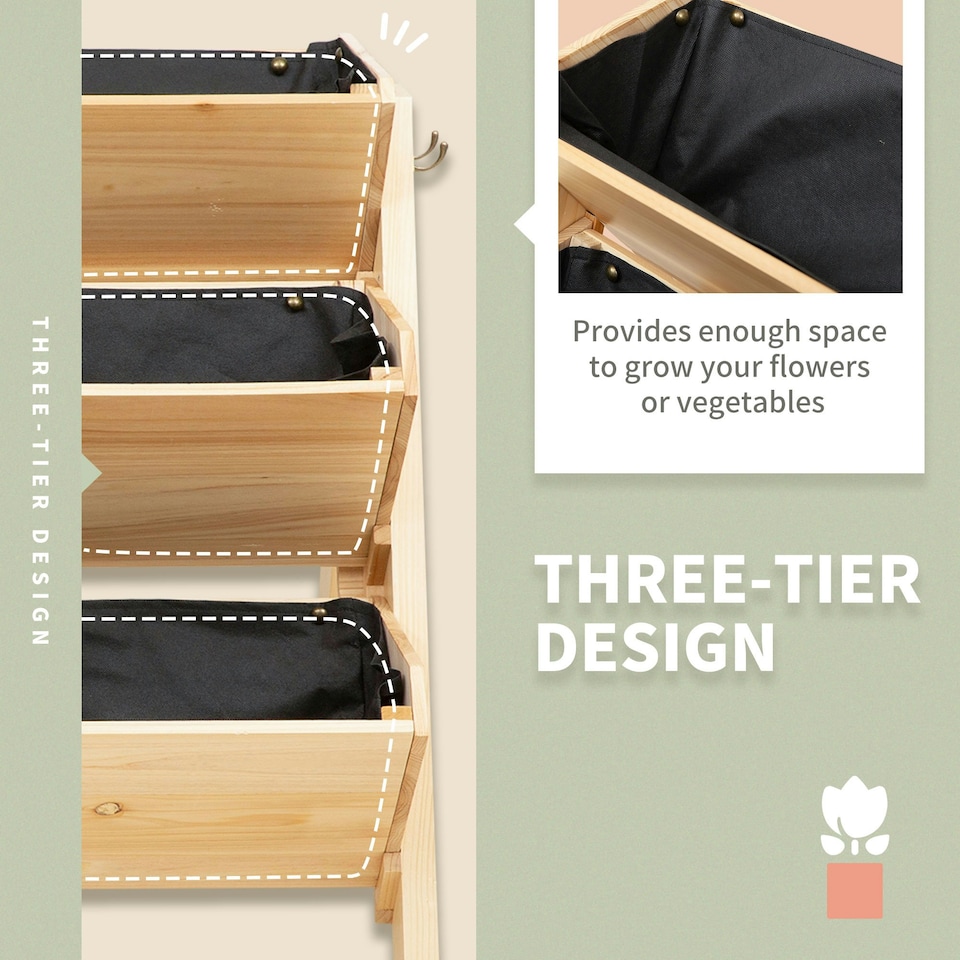 image 1 of Outsunny 3 Tier Wooden Garden Raised Bed Plant Bed with Clapboard and Hooks