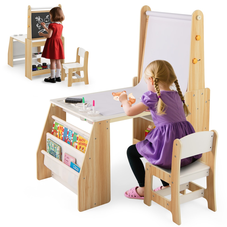 image 1 of COSTWAY Kids Art Table and Chair Set Multifunctional Kids Activity-Natural
