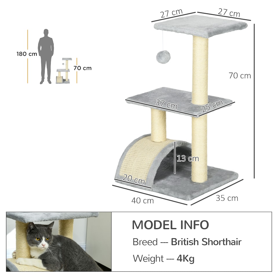 image 1 of PawHut 72cm Cat Tree Tower with Scratching Post Perch, Indoor