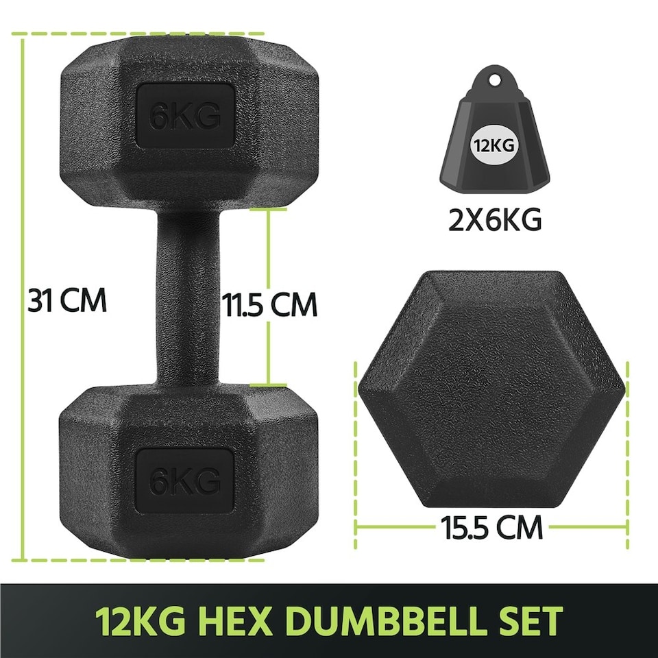 image 1 of Yaheetech 2x6kg (Sold in Pair) Hex Dumbbells Set Black