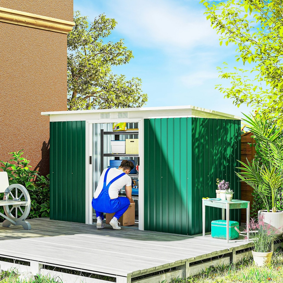 image 1 of Outsunny 9 x 4FT Metal Garden Storage Shed w/ 2 Door, Dark Green