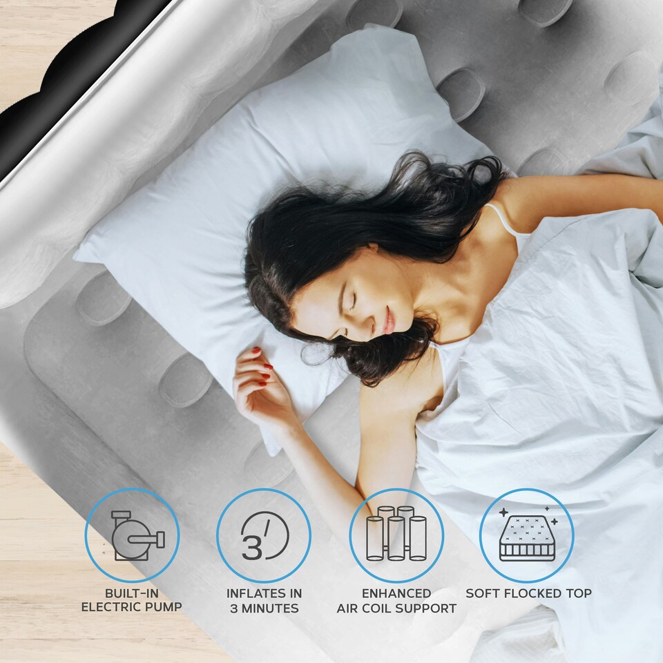 image 1 of Get Fit Air Bed With Built In Electric Pump - King Airbed Blow Up Bed With Headboard, 2 Free Inflatable Pillows - Elevated Inflatable Air Mattress - Black/Grey