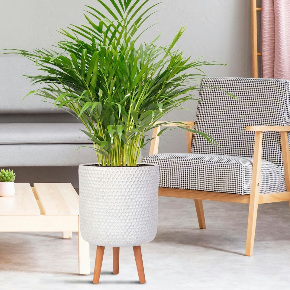 image 1 of Honeycomb Style White Cylinder Planter on Legs, Round Pot Plant Stand Indoor D31 H47 cm, 19.8 ltrs Cap.
