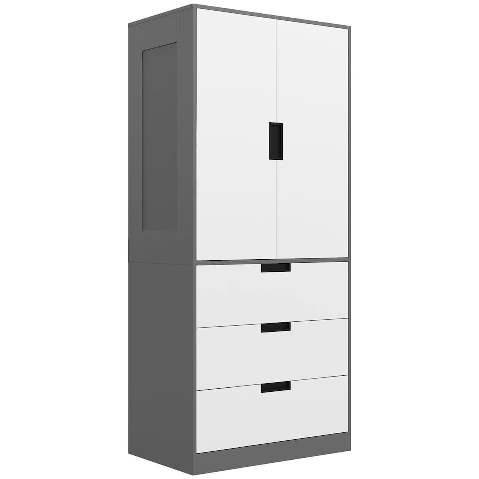 image 1 of HOMCOM 2 Door Wardrobe Modern Wardrobe with 3 Drawer and Hanging Rod, Grey
