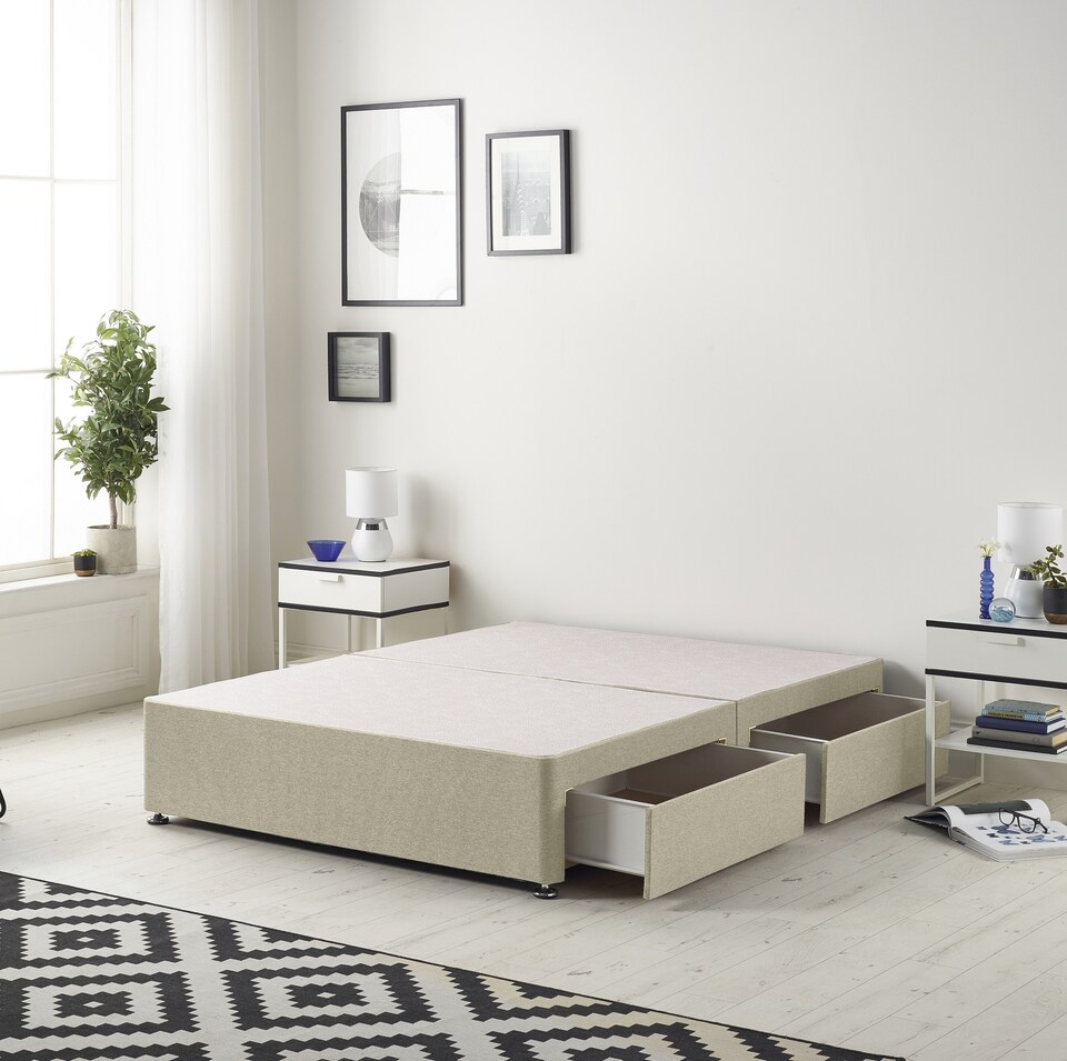 image 1 of Astoria Divan Bed Base with 2 Drawers & 30 Inch Diamante Headboard in Linen Fabric | Brown | Wheat | Double