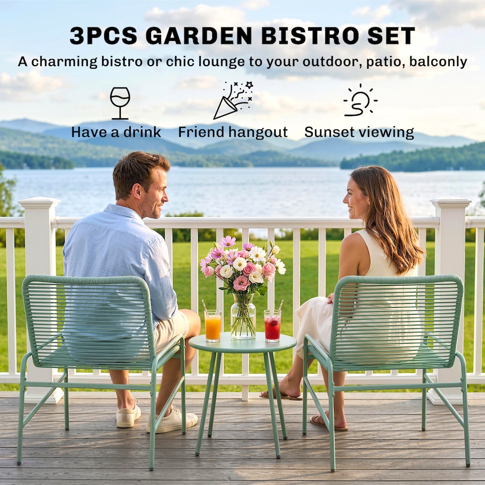 image 1 of Outsunny Rattan Bistro Set with 2 Chairs & Round Table for Patio | Green | Green | 58 x 67 x 75 cm (chair), 46 x 46 x 46 cm (table)